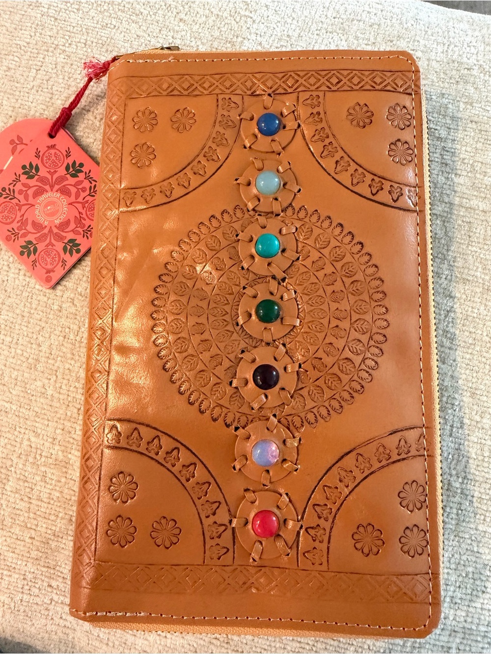 Hand-Tooled Tan Leather Multistone Zip Wallet